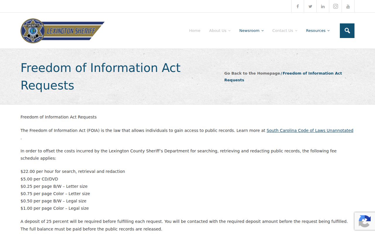 Lexington County warrant records request through the Sheriff FOIA fee page