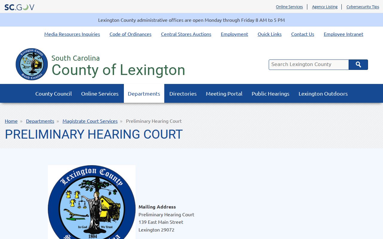 Lexington County arrest warrant preliminary hearing route for Sheriff and state agency cases