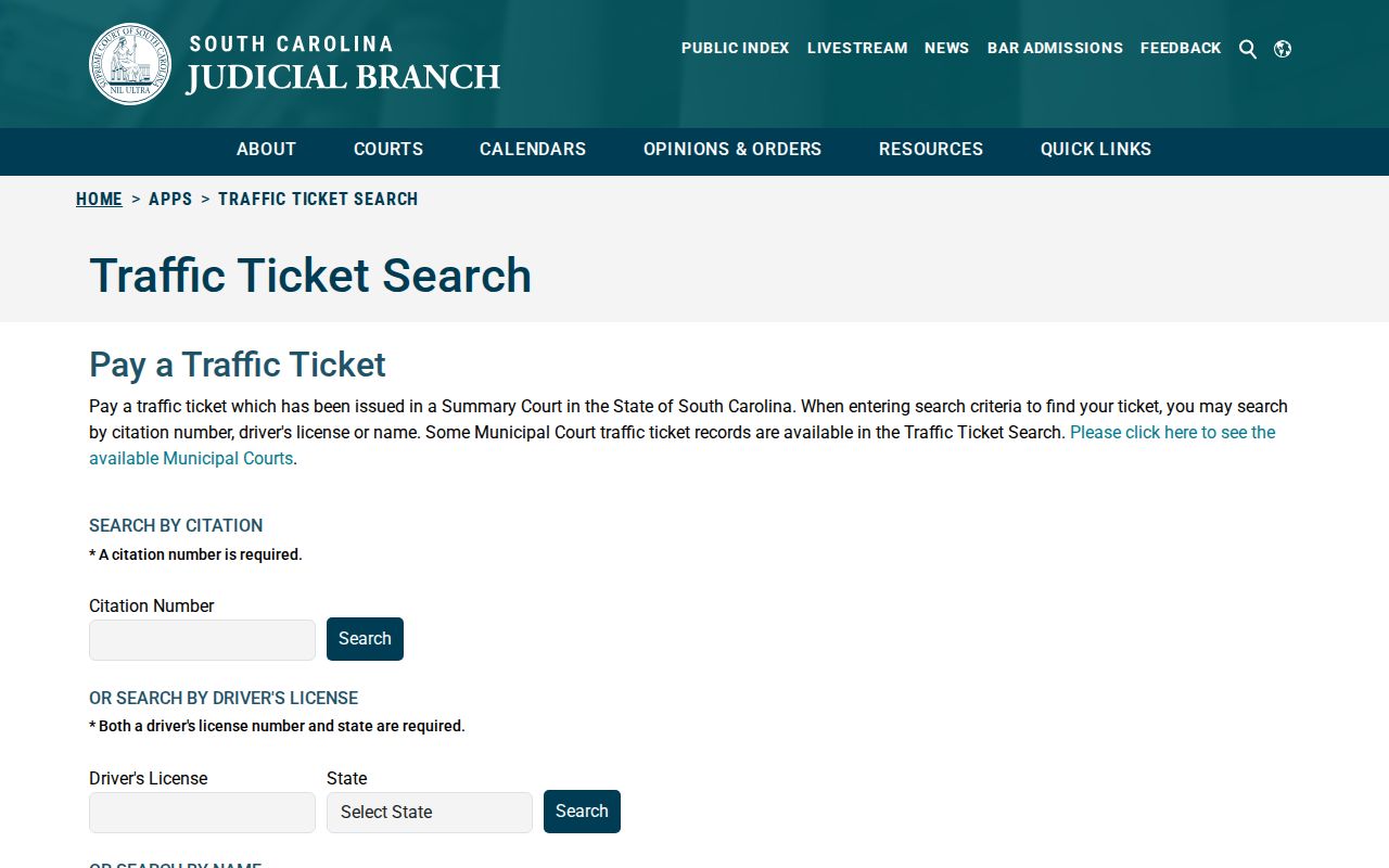 Official South Carolina traffic ticket search for Lexington County traffic warrant records