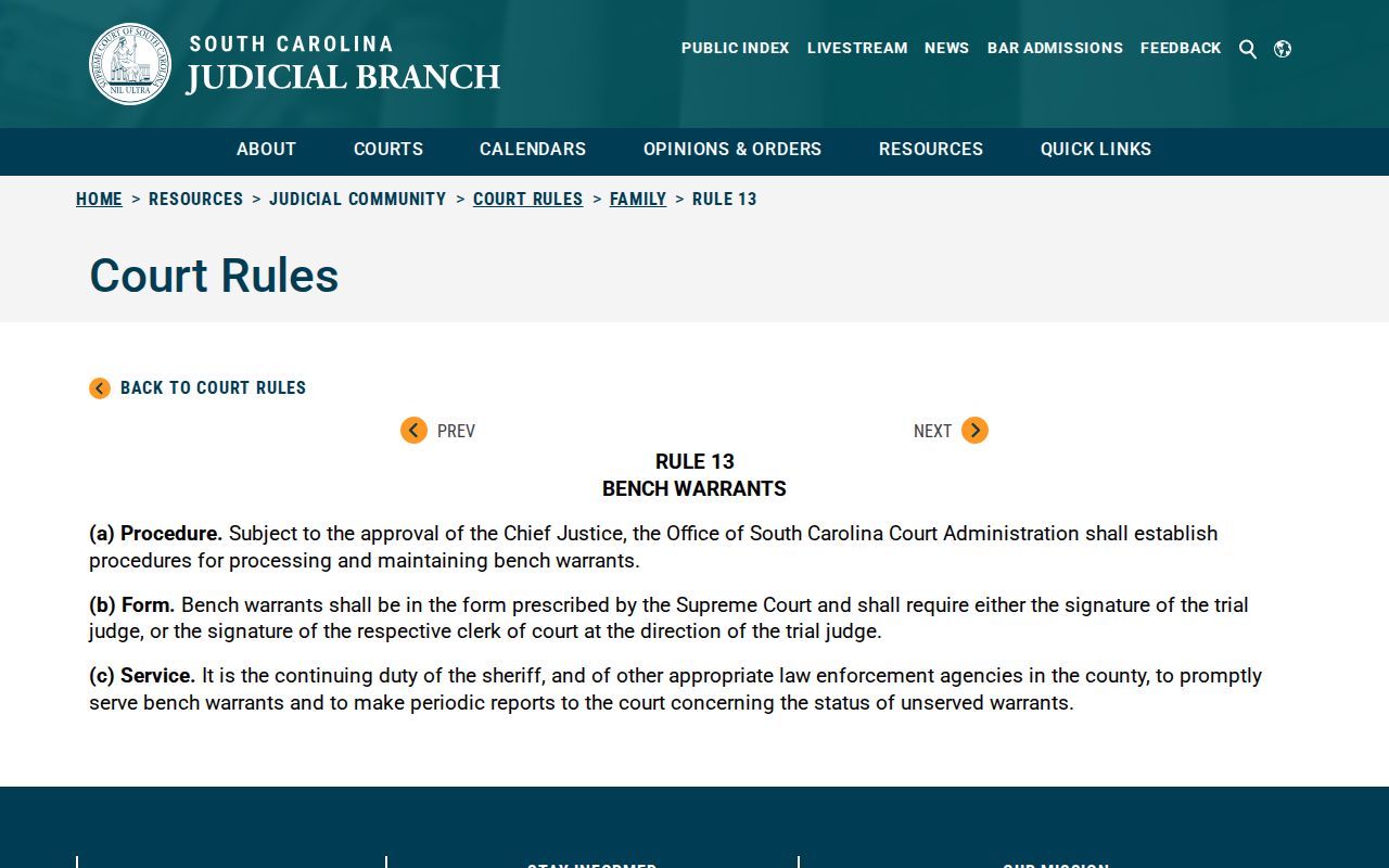 Lexington County Family Court bench warrant procedure under Rule 13