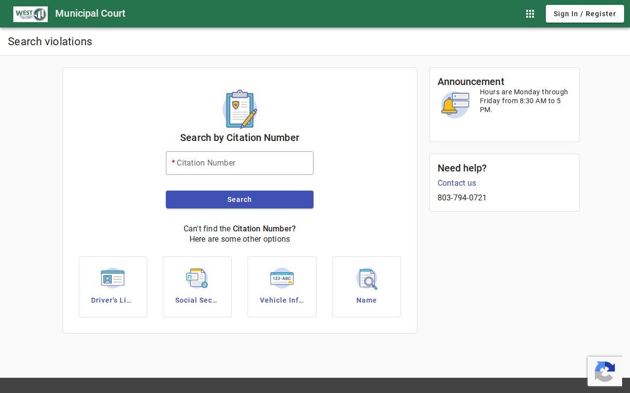 West Columbia citation search fields for city warrant records in Lexington County