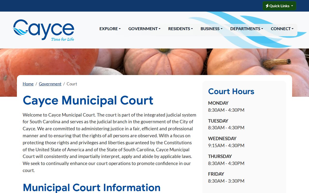 Cayce Municipal Court hours and warrant record contact at the public safety building
