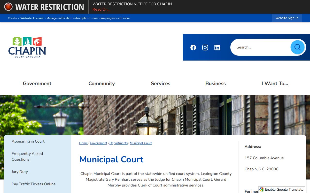 Chapin Municipal Court schedule and Lexington County warrant contact details
