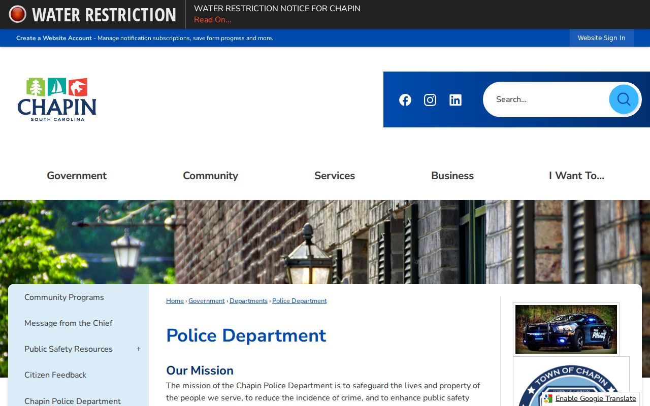 Chapin Police Department contact for municipal warrant service questions