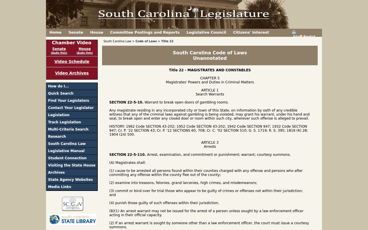 South Carolina warrant issuance law for Lexington County arrest warrant records
