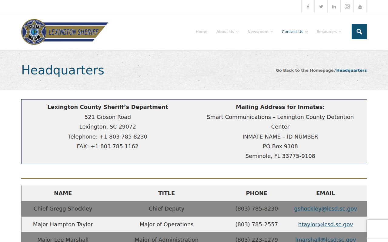 Lexington County warrant records contact at Sheriff headquarters
